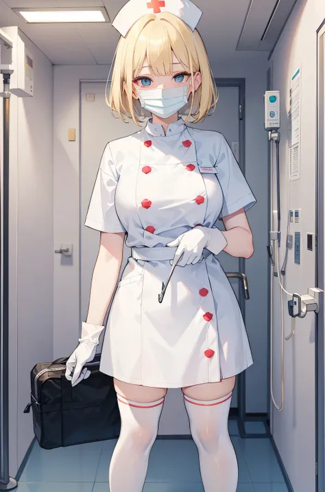 1 female, alone, nurse, nurse cap, whiteware, ((white legwear, zettai ryouiki)), white gloves, blonde hair, blue eyes, ((white s...