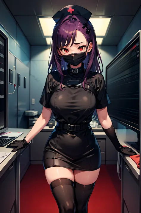 black nurse, 1 female, black nurse cap, black wear, ((black legwear, zettai ryouiki)), black elbow gloves, long hair, purple hai...