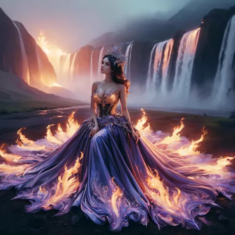 arafed woman with bustier gigantic breast in a flame corset and flame dress in front of a building, wearing an ornate outfit, ornate dress, intricate dress, elegant flame corset, ornate and elegant, extravagant dress, inspired by Hedi Xandt, ornate attire,...