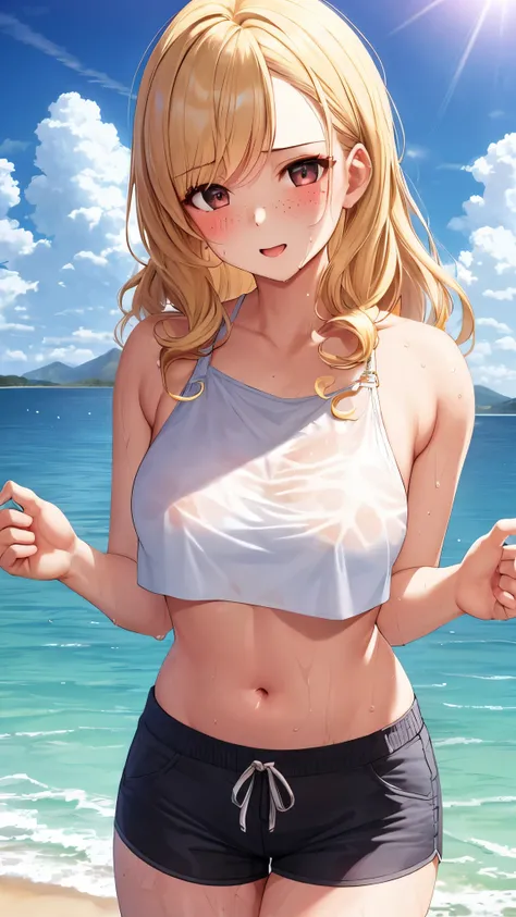 (best quality, masterpiece), 1 girl, Middle-aged woman，微lol, lol, ocean, crop top, shorts, blonde, freckle, blush, looking at the audience, curls, cloud, splash, wave, sun, Mountain, wet