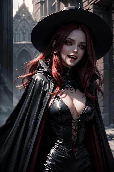 Evil gothic female vampire, half smiling, ((((half-open mouth revealing her vampire canines)))), dangerous, confident, charismatic, in a somptuous black leather dress. a long black leather cape. Royo.4 9 9 0 s, complexe, detailled eyes, looking at viewer, ...