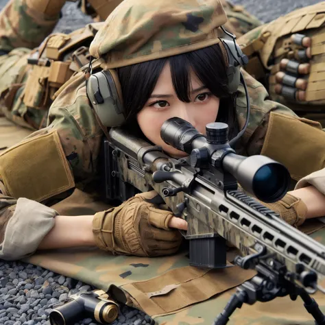 photorealistic、Realistic skin textures、A beautiful Japanese woman belonging to the American military is aiming with a sniper rifle.、standing、On the rubble、brown dust smoke、Action poses with movement、Image from front top