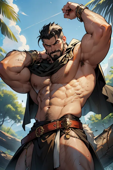 Kraven the Hunter, reimagined as a towering muscular giant, showcases his immense strength by flexing his massive bulging biceps. His muscled torso glistens with sweat, and his intense gaze challenges any onlooker. He wears a hunters loincloth, left waistl...