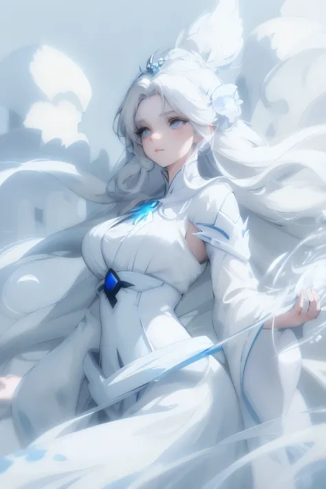 Anime girl with long white hair and blue skirt in the snow, White-haired God, White hair floating in the air, Anime Fantasy Illustration, Flowing white hair, beautiful youth spirit, Beautiful fantasy anime, Glowing and flowing hair, Ethereal animation, Bea...