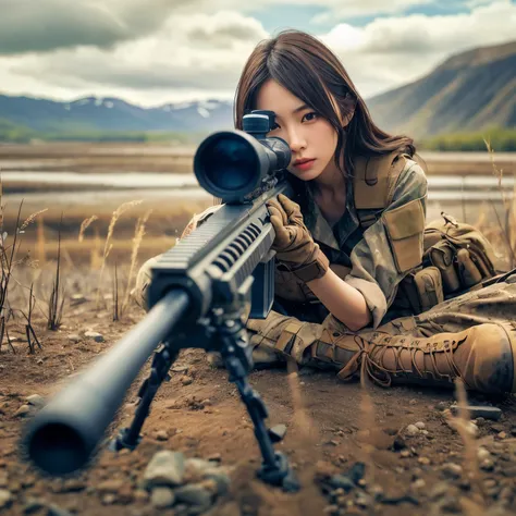 photorealistic、realistic skin textures、a beautiful japanese woman belonging to the american military is aiming with a sniper rif...