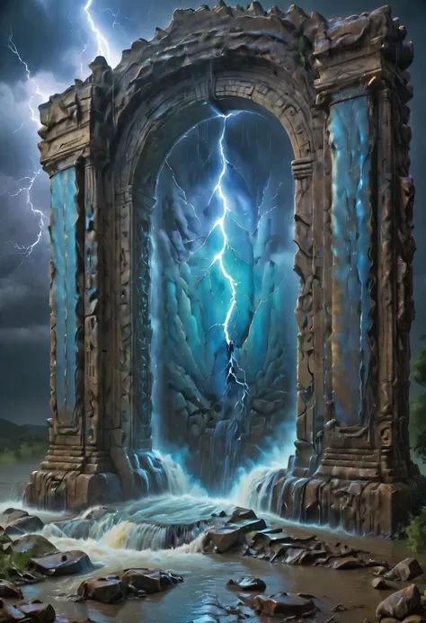 Night of heavy rain，Lightning and lightning，A few weathered stone pillars stand alone in the flood，Spliced into door shape，The mottled alien text flashes with a faint blue light，Heavy rain like waterfall，muddy river，The raging flood is about to submerge th...