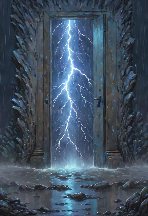 night of heavy rain，lightning and lightning，a few weathered stone pillars stand alone in the flood，spliced into door shape，the m...