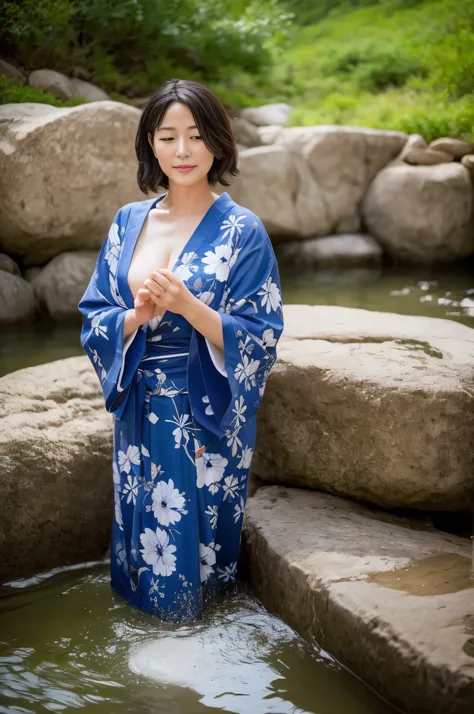 "A masterpiece depiction of a voluptuous and sensuous mature AI woman, marked as number 4 in a series, visiting a secluded hot spring in the mountains. She is enveloped in steam and clothed in a Japanese yukata, embodying the highest quality of tranquil an...