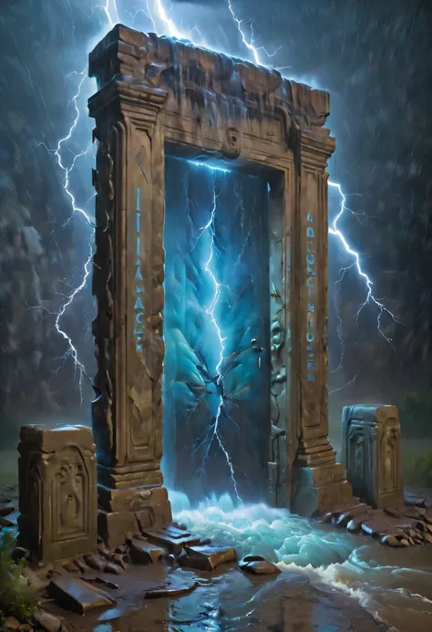 night of heavy rain，lightning and lightning，a few weathered stone pillars stand alone in the flood，spliced into door shape，the m...