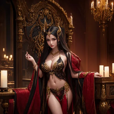 (best quality,highres:1.2),ultra-detailed,realistic,portrait,high fantasy,sexy busty Malaysian woman(age 40),jewel hijab,bikini,tames a devil,arcane chamber,well-lit room,vibrant colors,exquisite details,seductively poses,confident expression,mesmerizing e...