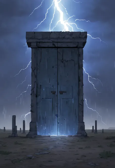 Night of heavy rain，Lightning and lightning，A few weathered stone pillars stand alone on the barren land，Spliced into door shape，The mottled alien text flashes with a faint blue light