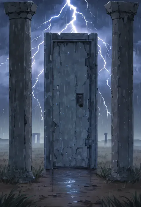 Night of heavy rain，Lightning and lightning，A few weathered stone pillars stand alone on the barren land，Spliced into door shape，The mottled alien text flashes with a faint blue light