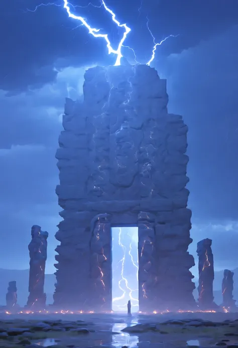 Night of heavy rain，Lightning and lightning，A few weathered stone pillars stand alone on the barren land，Spliced into door shape，The mottled alien text flashes with a faint blue light