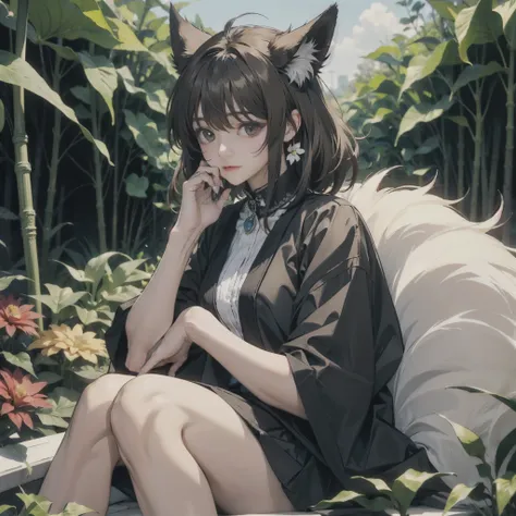 fox, (monster girl), long brown ears with darker brown inside, brown fur, tan neck fluff, brown fluffy tail with a tan tip, large brown eyes, wearing modest clothing, sitting in a flower garden, masterpiece, best quality