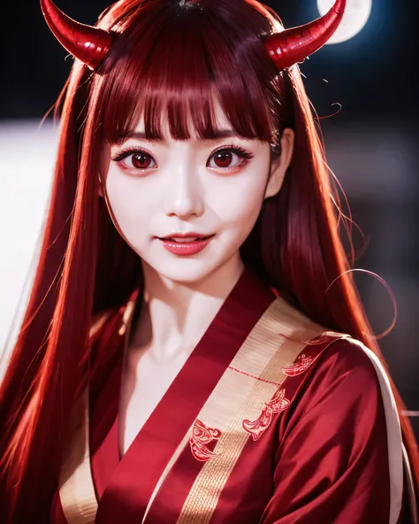 beautiful japanese woman　(devil girl:1.5)　complex colored red hair　platinum red thin hair　small devil horns on forehead　Detailed complex hair　natural makeup　Super Long Straight Silk Hair　asymmetrical bangs　big magic eyes　moist red eyes　 gentle smile　simple...