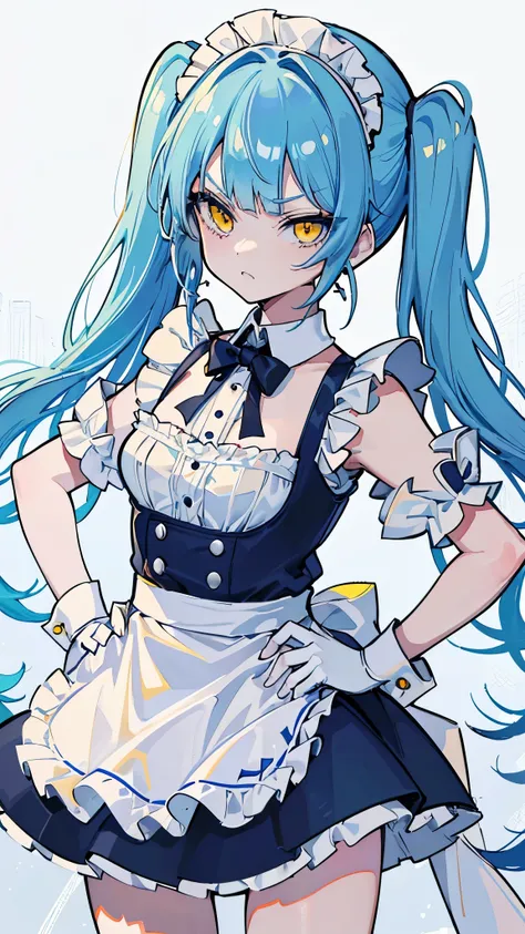 (8K、best image quality、highest quality、masterpiece)、detailed face、light blue hair、twintails、hime cut、blunt bangs、yellow eyes、angry eyes、earrings、small breasts、((maid))、camisole、miniskirt、leaning forward、Put your hands on your hips、Take from below、look down...