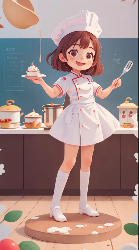 Cute girl who dreams of becoming a chef, preschool，Dress up as a chef，wear(((White chefs costume))), White tall chef hat，Spoon in hand，Stand in the kitchen，smiling, (masterpiece: 1.2) (actual: 1.2) (Bokeh) (best quality) (delicate skin: 1.3) (intricate det...