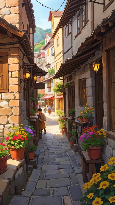 The father and son entering a quaint, vibrant village with unique architecture and welcoming locals, (best quality,4k,8k,highres,masterpiece:1.2),ultra-detailed,(realistic,photorealistic,photo-realistic:1.37), HDR,UHD,studio lighting,ultra-fine painting,sh...