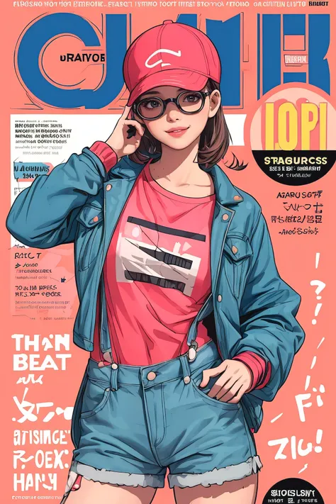 1girl, sfw, cap, shorts, jacket, (magazine cover-style illustration of a fashionable woman in a vibrant outfit posing in front o...