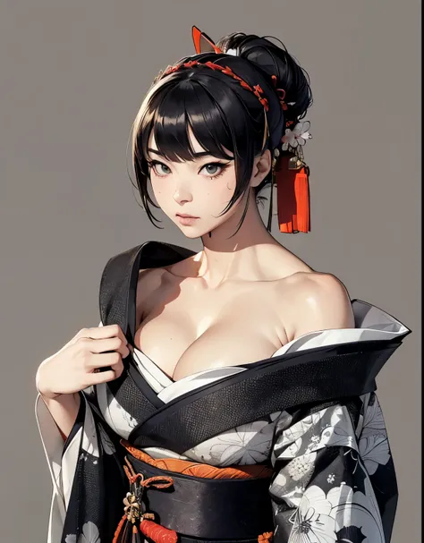 ((oppai)),(chest open kimono),((neck open kimono)),((shoulder open kimono)),((kimono lady)),((geisha lady)),{{masterpeace}},((baby face)),((character design)),((gray background)),((concept art)),((4k,best quality)), {{realistic face}},{{{Guweiz}}},{{sakimi...