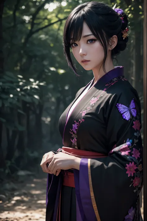 8K,Woman in Japan traditional costume,(dark shot:1.4), 80mm, (dark shot:1.4), 80mm, epic real, Big eyes,Black hair short bob hair,black and purple butterfly hair ornament,black kimono and red obi,black and purple butterfly pattern(Precise butterfly embroid...