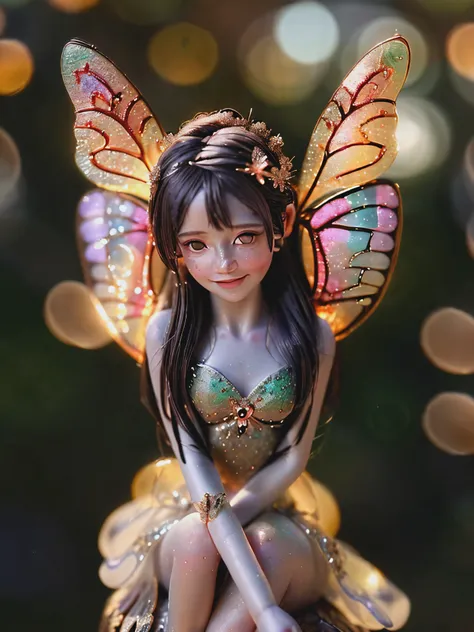 Delicate mini anime fairy, tiny and adorable, depicted gracefully sitting on the tip of a finger. This breathtaking image, conveys the unearthly beauty of these miniature creatures. Every intricate detail is carefully drawn, showing off his intricate wings...