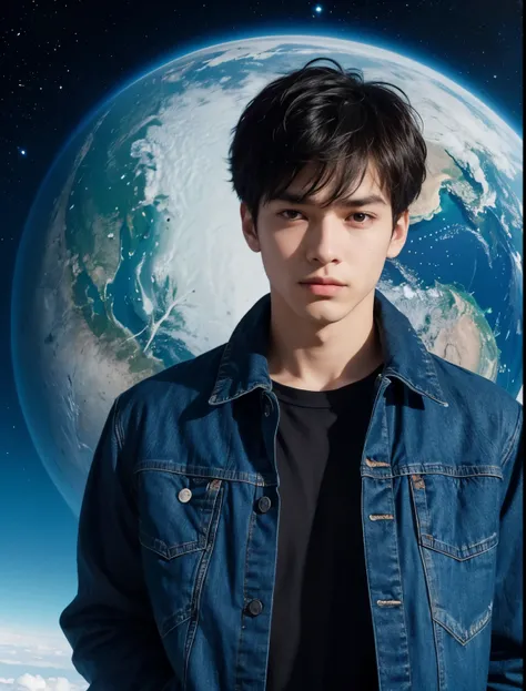 A man is looking at the camera with a serious expression. Twenty years old. Short black hair. He is wearing blue jeans as a jacket. An image of two blue planets overlapping behind a man.