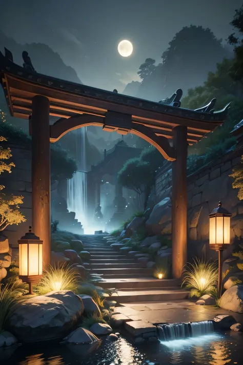 Ancient Chinese archwayitecture, moon, midnight, garden, bamboo, lake, stone bridge, rockery, archway, Corners, wood, water flowing, landscape, outdoor, waterfall, Grass, rock, water lily, hot spring, water vapor, (shape: 1.0), great composition, realistic...