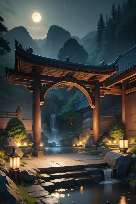 Ancient Chinese archwayitecture, moon, midnight, garden, bamboo, lake, stone bridge, rockery, archway, Corners, wood, water flowing, landscape, outdoor, waterfall, Grass, rock, water lily, hot spring, water vapor, (shape: 1.0), great composition, realistic...