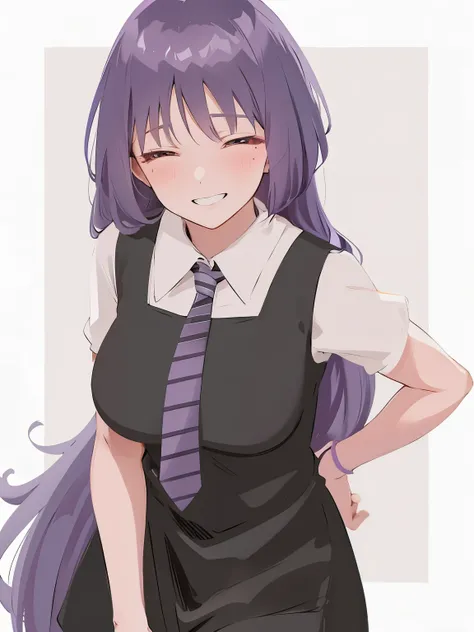 anime girl with long purple hair wearing a black dress 