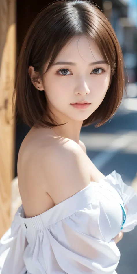 masterpiece、highest quality、High resolution、wallpaper、realistic、bright lighting、smooth lighting、japanese woman、adult woman、super beautiful、beautiful skin、slim、medium large、short hair、brunette colored hair、brown eyes、Big eyes、invisible tear bag、The camera i...