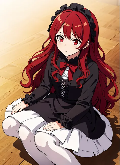 masterpiece, high quality, 1girl, gothic lolita, red hair, wavy hair, red eyes, white pantyhose,