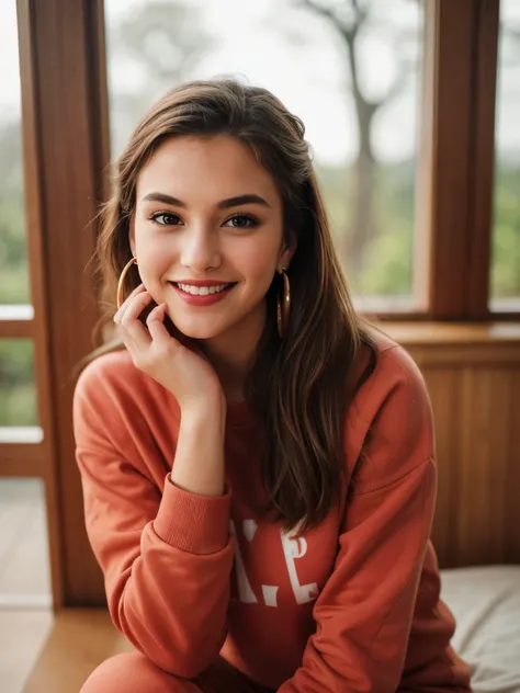 A half body photo of a attractive woman 20 y.o., NSFW, flashing, (:1.1),
Sweatpants and sweatshirt, Maven, Tall, Athletic, Triangular Face, Fair Skin, long brown Hair, hazel Eyes, [[Curved Nose]], Thick Lips, Round Chin, Instagram model, cheerful smile, me...