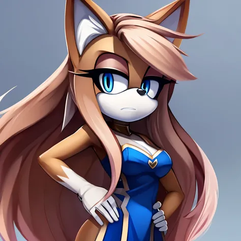 Female, Mobian, Fox, pinkish beige fur, tan muzzle, VERY long hair, blue eyes, blue makeup, serious expression, one hand on hip