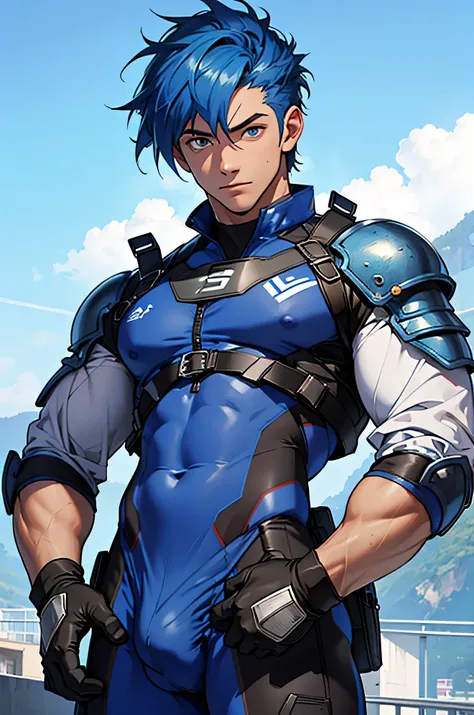 ((highest quality, 8K, Super detailed, masterpiece: 1.3)), 1 boy, 16 years old、blue hair、shiny skin, sharp, perfect body beauty, sharp eyes,Perfect body with realistic shading, (cute baby face:1.1),("body suit, tech wear,big bulge ":1.2),("leggings , armor...