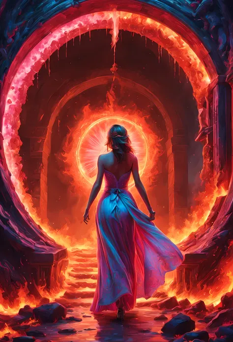 high details, best quality, 16k, [best detailed], masterpiece, best quality, (extremely detailed), a view from the rear of a beautiful woman looking through  a magical portal onto hell, the portal has magical pink magical wards  on it, she sees the fiery h...