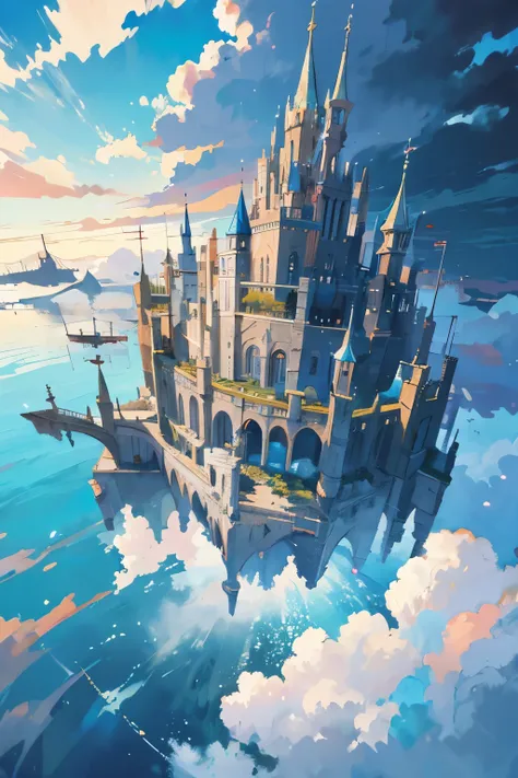 No people, Side and top views, With view 3/4, amazing floating city, night, ((Clouds and blue sky))、A painting depicting a castle in a floating city where Pegasus resides., shine, The world above the blue sky and clouds, thunder clouds、glowing clouds, (an ...