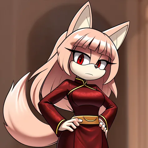 Female, Mobian, Kitsune, pinkish beige fur, white fuzzy muzzle, VERY long hair, red eyes, red makeup, serious expression, one hand on hip, hair bangs, hair on shoulders, long sleeved cheongsam dress, sash belt