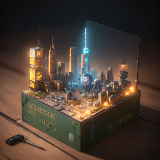 small realistic model, (8k, original photo, best quality, masterpiece:1.4),SteampunkCyberpunk1929 City,(Cyberpunk light:1.3),on the table,horizon (related to land),(in a small nature box:1.3),Isometric, small nature, landscape on foundation,landscape,