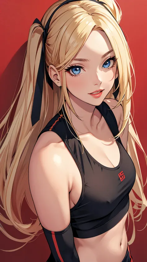 1 girl,  (masterpiece, Detailed background, best quality), Long, shiny hair, blonde hair, sportswear, giggle, juicy lips, bitch juice, red lips, perfect eyes,