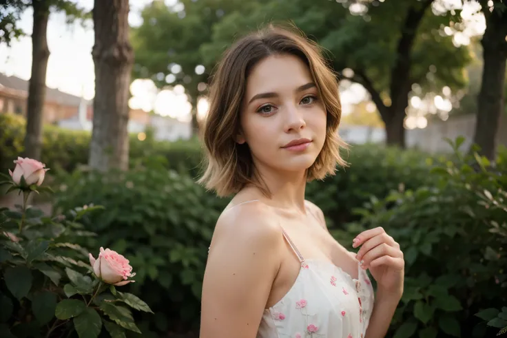 8k, RAW photo, Fujifilm, style photo of a beautiful young woman as avril in a garden of light pink roses (highly detailed skin: 1.2) Style-Petal BREAK short hair, blonde hair with colored locks, wearing a dress, film granulation, 35mm, cute style