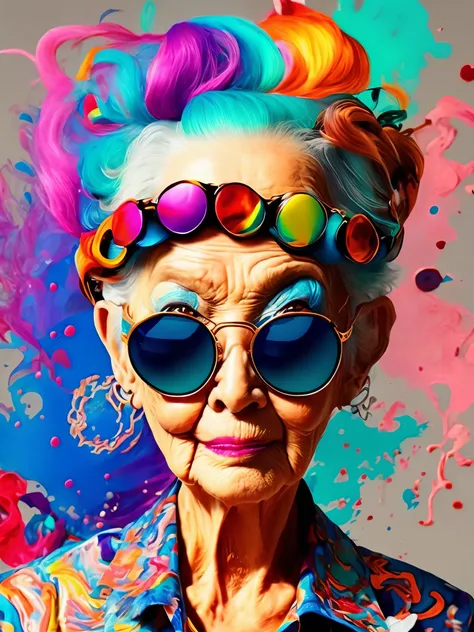 funky old lady、fancy sunglasses、(pose with movement)、outstanding work of art、(a masterpiece of avant-garde art:1.6)、flashy color...