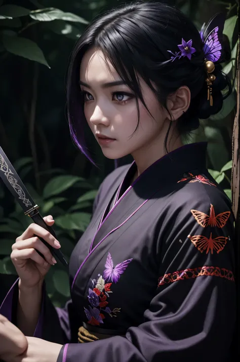 8K,Women in traditional Japanese costumes fighting,(dark shot:1.4), 80mm, (dark shot:1.4), 80mm, epic real, Big eyes,Black hair short bob hair,black and purple butterfly hair ornament,black kimono and red obi,black and purple butterfly pattern(Precise butt...