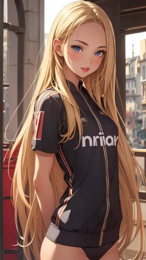 1 girl,  (masterpiece, Detailed background, best quality), Long, shiny hair, blonde hair, sportswear, giggle, juicy lips, bitch juice, red lips, perfect eyes,