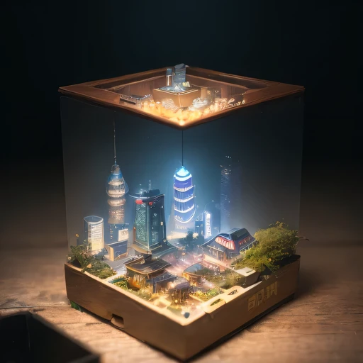 small realistic model, (rich, original photo, best quality, masterpiece:1.4),SteampunkCyberpunk1996 city,(Cyberpunk light:1.3),on the table,horizon (related to land),(in a small nature box:1.3),Isometric, small nature, landscape on foundation,landscape,