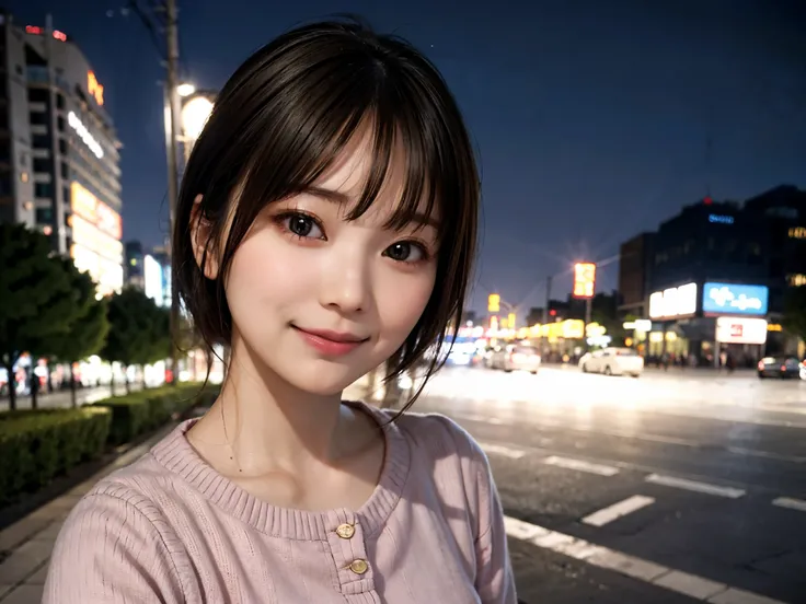 Japan woman in casual clothes on street corner of Tokyo at night、Wearing black-rimmed frame glasses、looking at the viewer、(highest quality、masterpiece)))、High resolution、very detailed、masterpiece、movie lighting、(8K、highest quality、masterpiece:1.2)、(realist...