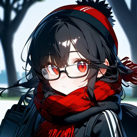 (masterpiece), best quality, expressive eyes, perfect face, red eye, black beanie, fluffy cut black hair, black scarf, tool bag black, black school sweater, short skirt, Round Glasses Black, park,