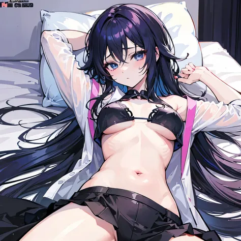 Lying on bed in black underwear、Anime girl with open shirt, seductive anime girls, big curve , Beautiful anime girl lying down, Hands touch thighs, Best Anime 4K Konachan Wallpapers, [ 4k digital art ]!!, guweiz on pixiv artstation, Anime cute art style, S...