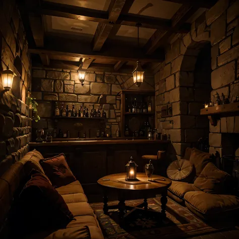 Photo of a small cozy medieval tavern, Bar counter, stone fireplace, Two floors, NIGHT LIGHT, velvet pillows, Persian carpets, Turkish lamps, Rock wall, Wooden staircase, Climbing vines, beautifully color-graded, photorealism, ultra detailed