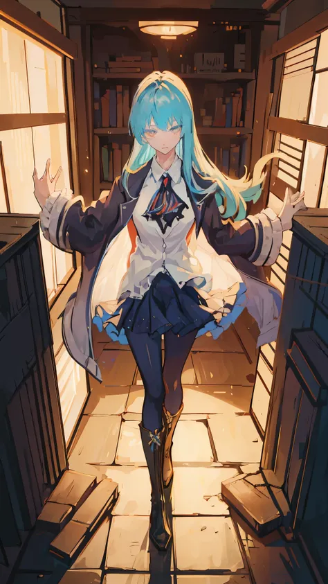 a slim anime girl with long blue hair，1.76 meters，indigo long trench coat，，indigo blue boots full body image，from the library of...